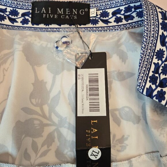 LAI MENG FIVE CATS Women Button Up Short Puff Sleeve Mini Dress Sz: XL Blue/Wht - Picture 11 of 15